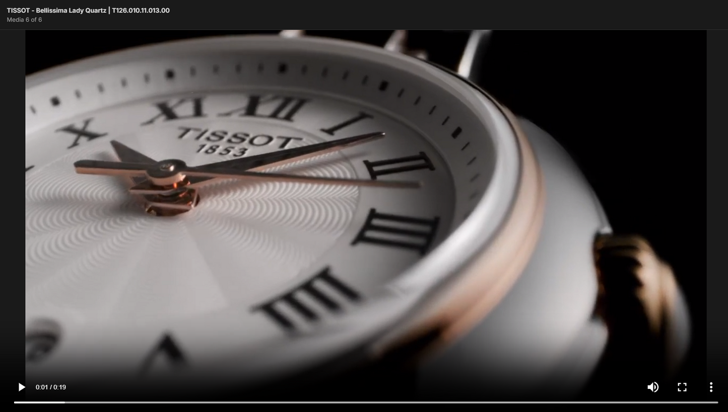 <iframe width="1280" height="720" src="https://www.youtube.com/embed/kGZ7aAhSP0g" title="TISSOT - Bellissima Ladies Quartz T126.010.22.013.01" frameborder="0" allow="accelerometer; autoplay; clipboard-write; encrypted-media; gyroscope; picture-in-picture; web-share" allowfullscreen></iframe>