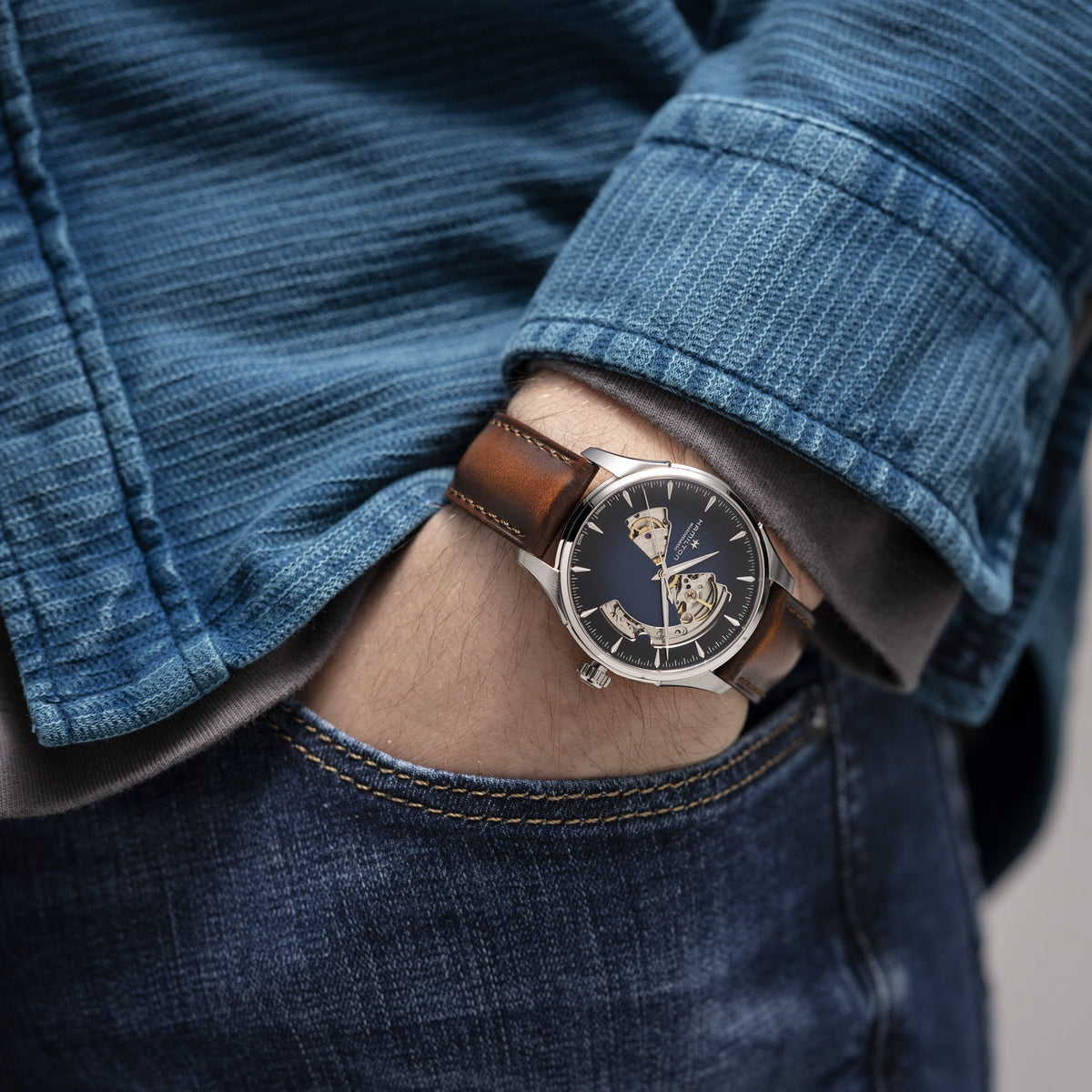 ?HP?NEW Madison New York Diamond Silver Quarts Watch w Navy Calf Leather Jazzmaster Open Heart Lady Auto | Hamilton Watch - H32215142  main image 4