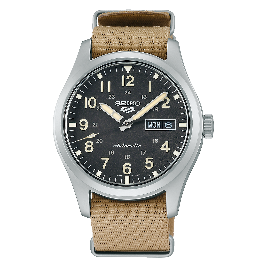 Seiko 5 Sports Field SRPG35 automatic watch black dial with tan nylon strap