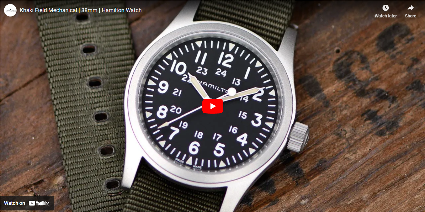 <iframe width="1223" height="688" src="https://www.youtube.com/embed/OzxDNkgK1sM" title="Khaki Field Mechanical 38mm Hamilton Watch" frameborder="0" allow="accelerometer; autoplay; clipboard-write; encrypted-media; gyroscope; picture-in-picture; web-share" allowfullscreen></iframe>